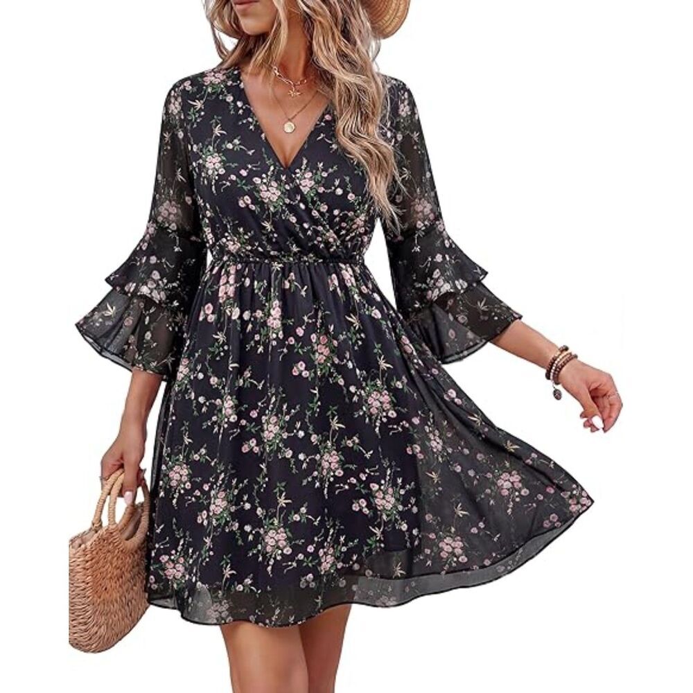 Women's Multi Black Polyester V Neck A Line 3/4 Ruffle Sleeve A Line Mini Dress